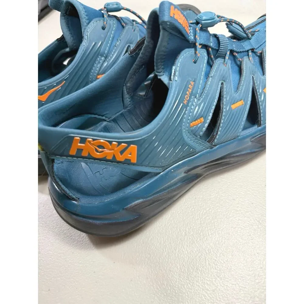 HOKA Hopara Men’s 10.5 Blue Orange Hiking Sandals Slip On Quick Lace